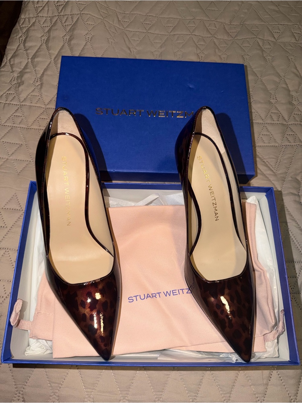 Stuart Weitzman Leopard-Print Patent Pointed-Toe Pumps - Dark Brown